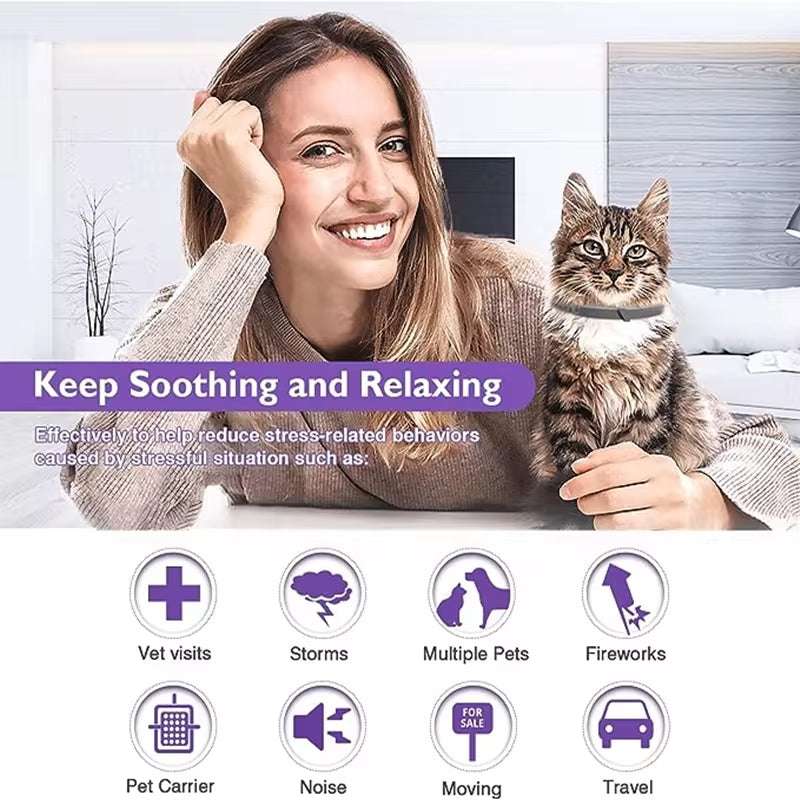 Woman smiling with a cat wearing a calming pheromone collar designed to reduce pet anxiety during stressful situations like vet visits, storms, fireworks, and travel