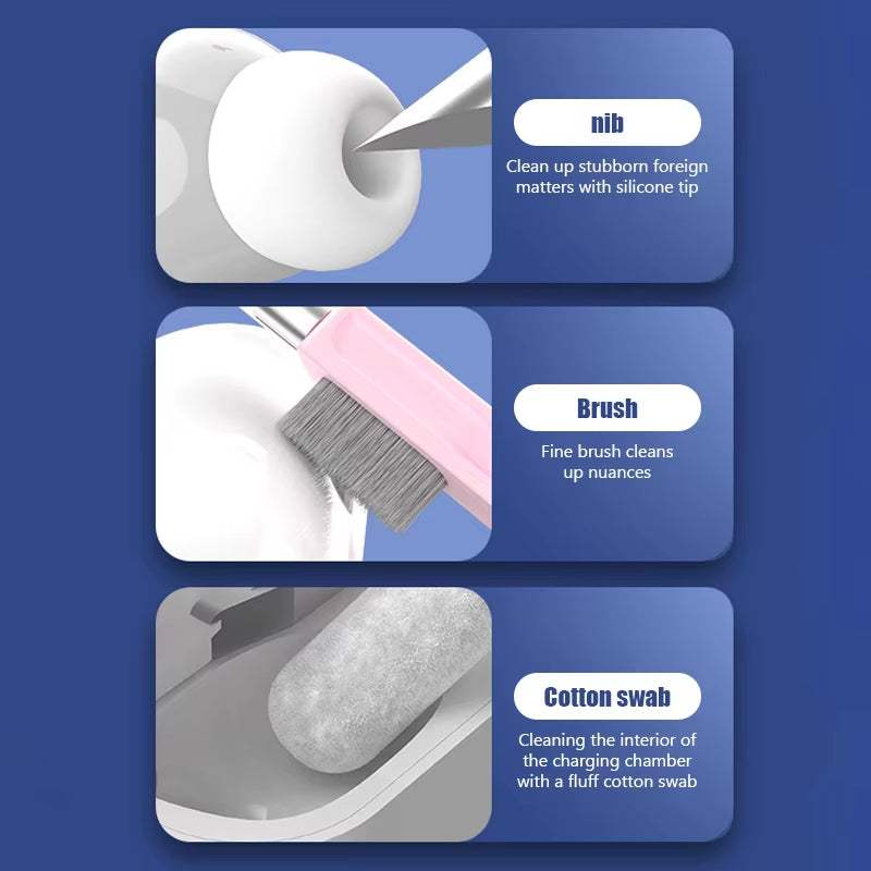 7-in-1 electronic cleaning kit showing nib with silicone tip, fine brush, and cotton swab for cleaning electronic devices.