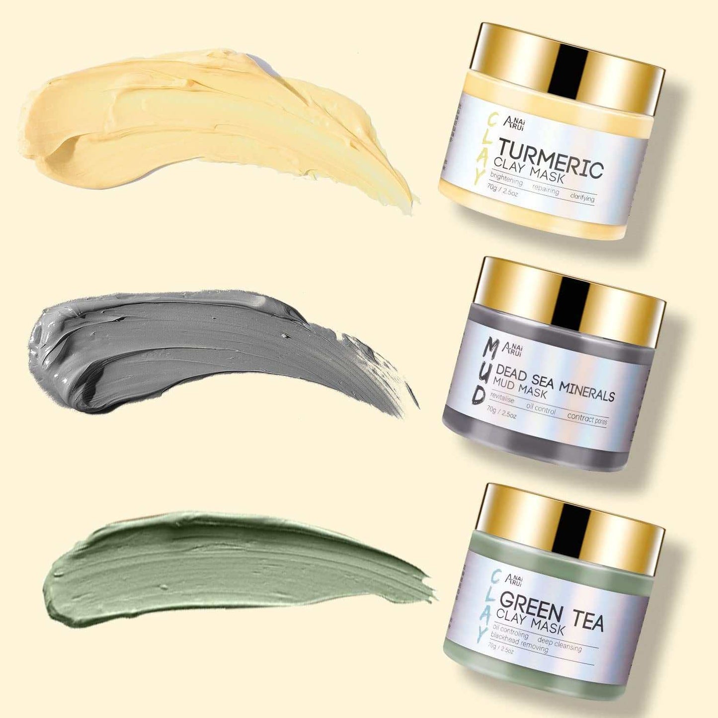 Deep Cleansing Dead Sea Mineral Mud Mask set with turmeric and green tea clay masks for purifying and brightening skin