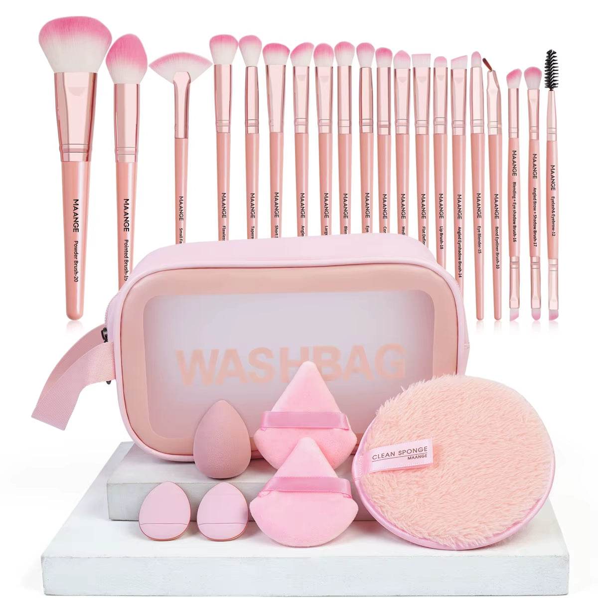 27-piece makeup tools kit with 20 professional brushes, triangle powder puffs, makeup remover puff, and portable travel bag.