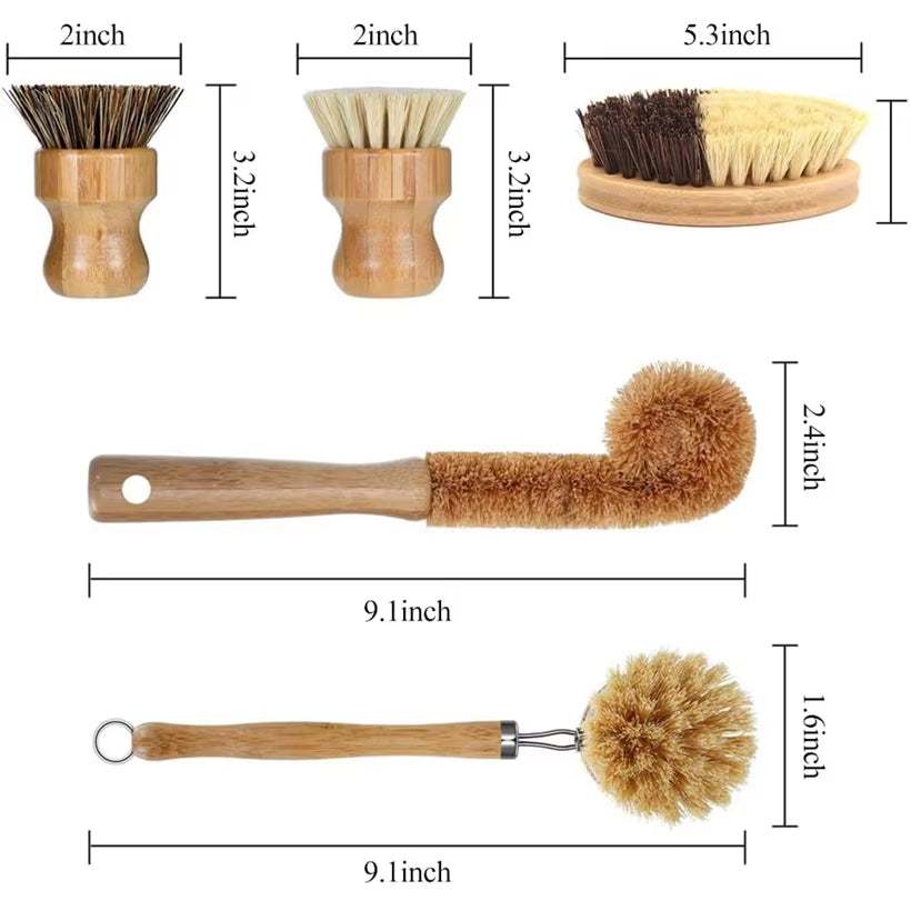 Bamboo Cleaning Brush Set with Natural Bamboo Handles and Plant-Based Bristles for Eco-Friendly Kitchen Cleaning.