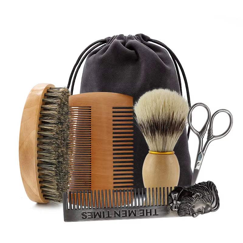 Men's shaving brush set with eco-friendly boar bristles, ergonomic wooden handle, and travel-friendly design. Ideal for wet shaving and beard grooming.