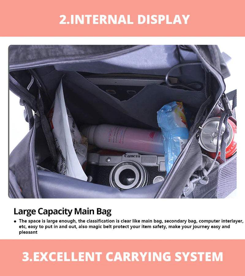 Rucksack internal view showing large capacity main compartment with camera, water bottle, and tablet.