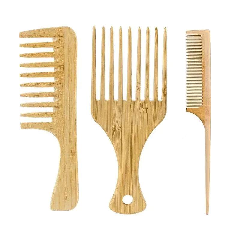 Set of three bamboo wooden hair combs with wide-tooth and fine-tooth designs for gentle, eco-friendly hair care and detangling.