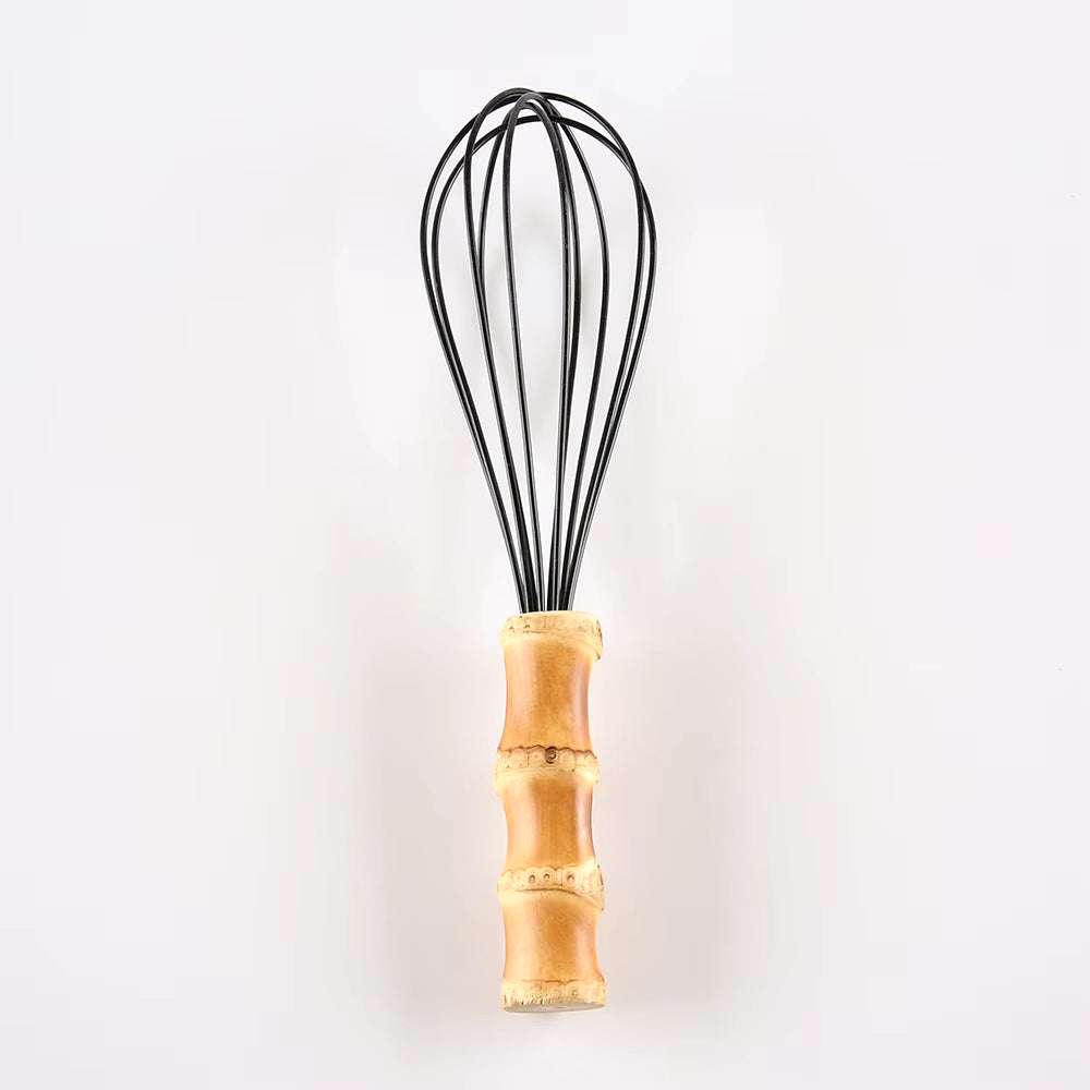 Bamboo kitchenware root whisk with silicone head, eco-friendly kitchen utensil for safe and efficient cooking.
