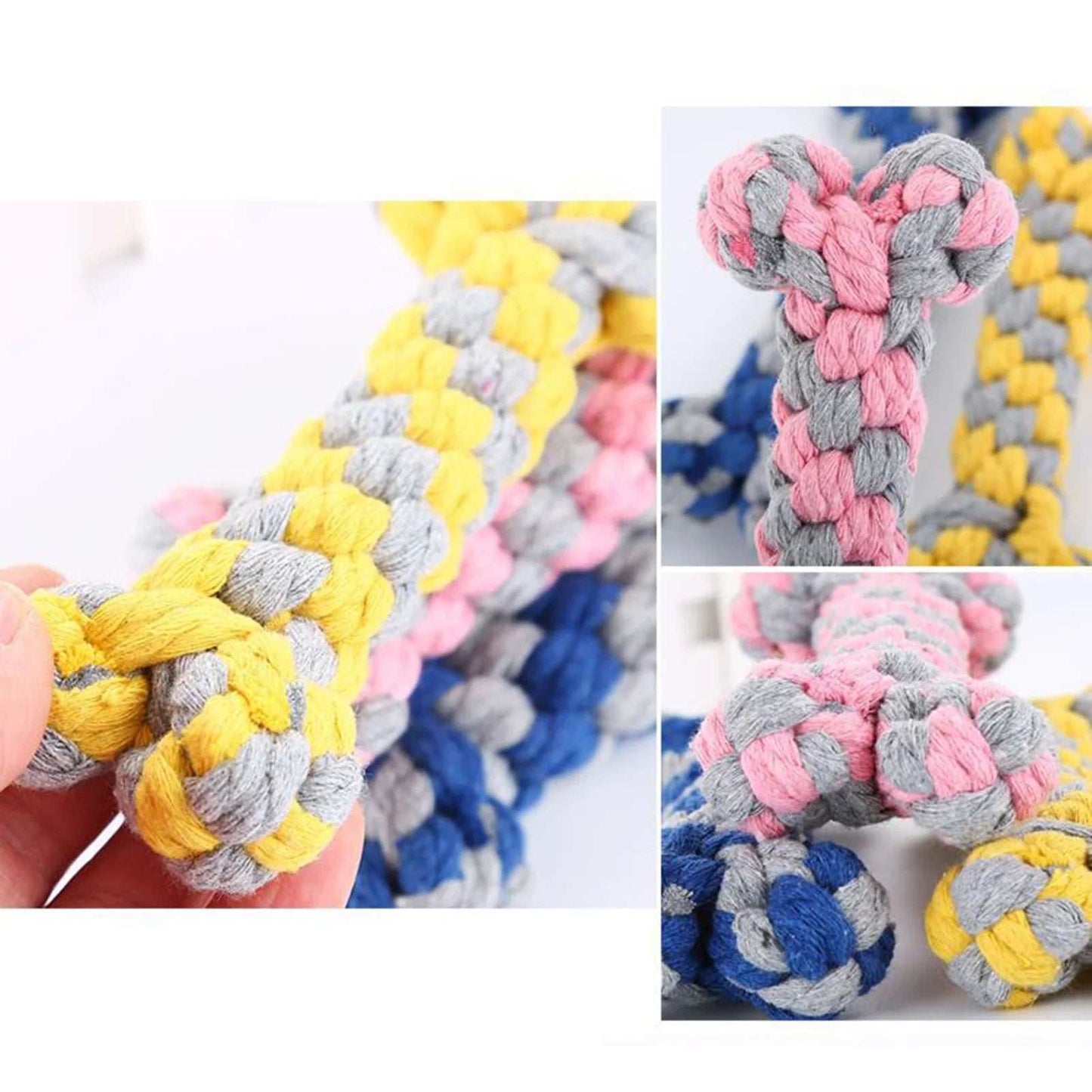Colorful durable dog rope chewing toy made from non-toxic cotton, ideal for aggressive chewers and dental health.