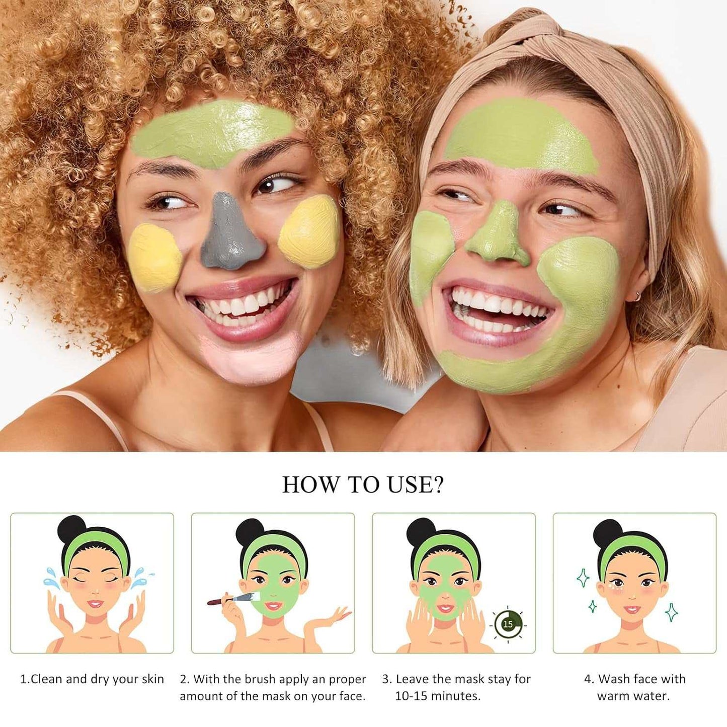 Four women applying multi-colored clay facial masks from a four-piece skincare set; instructions for use are depicted below.