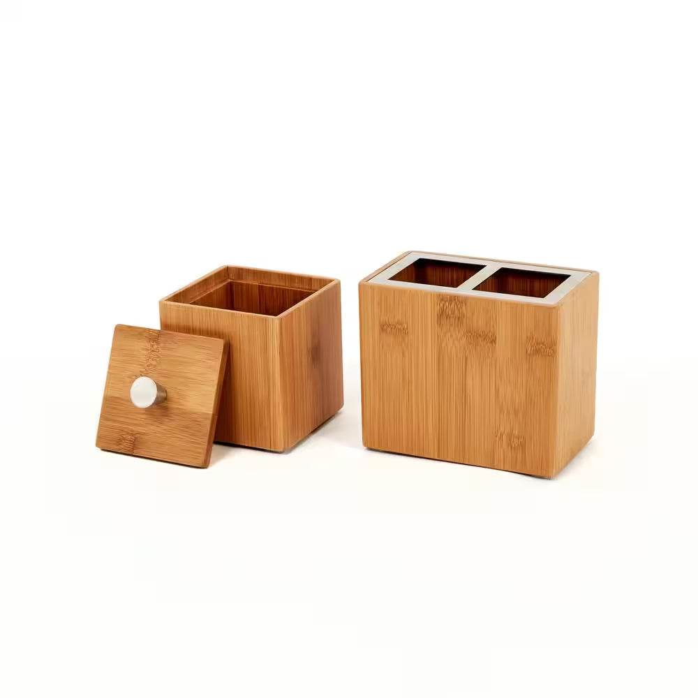 Bamboo Waste Basket 5-piece set with toothbrush holder and cotton swab container.