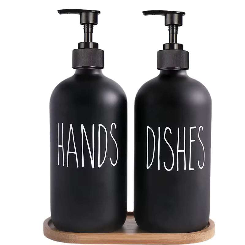 Black 500ML soap and dish pump set with one-handed operation and wooden tray base