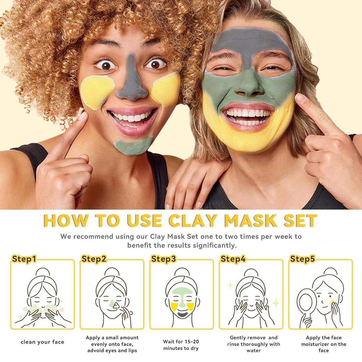 Two women with turmeric and green tea dead sea mineral clay masks showing deep cleansing and brightening effects on skin