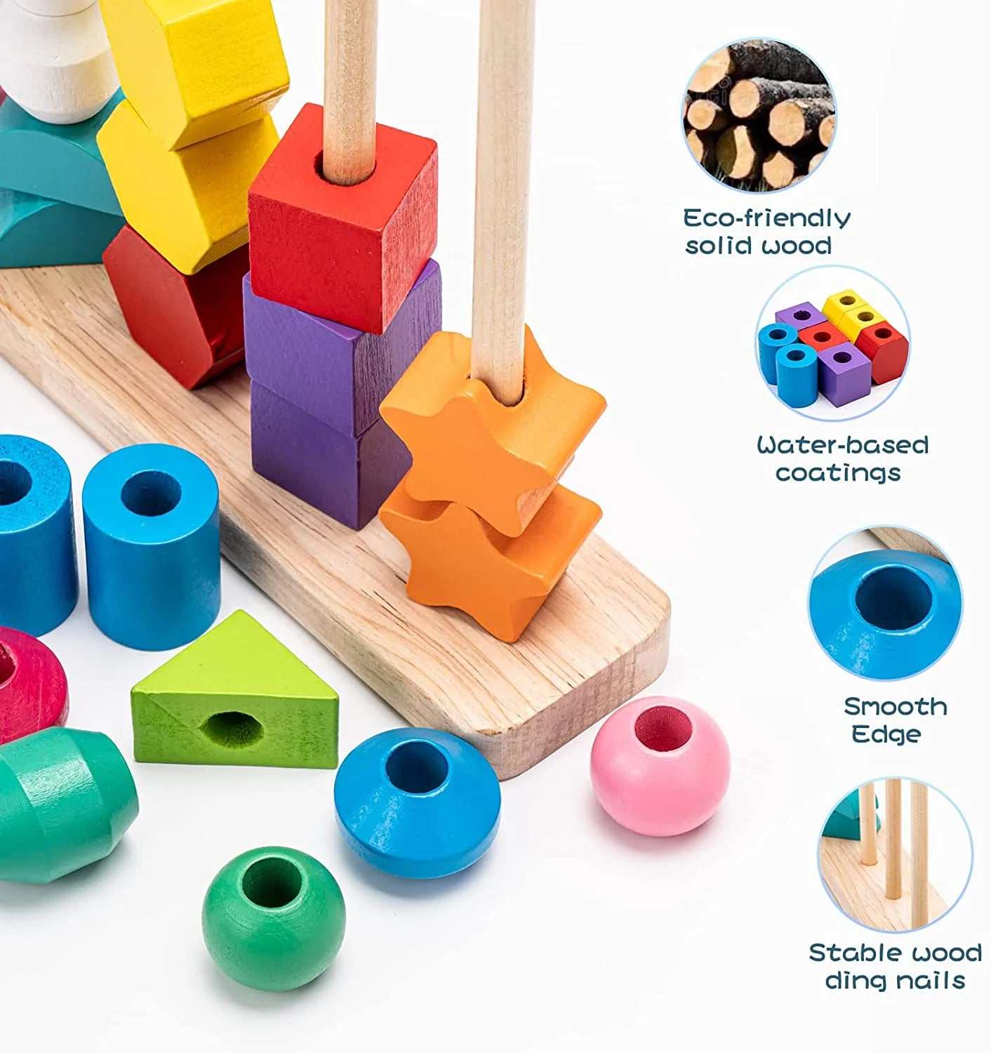 Montessori educational toy with colorful shapes for sorting and stacking, promoting cognitive development and motor skills in toddlers.