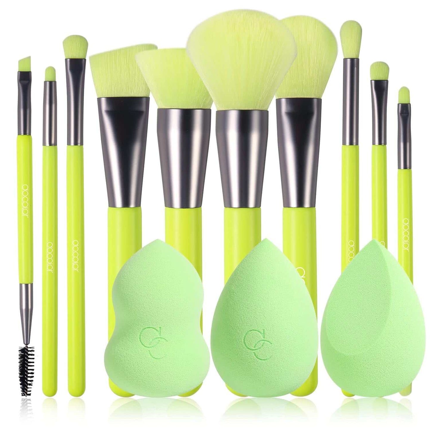 Neon green makeup brush set with pea pod sponges, perfect for vibrant makeup application.
