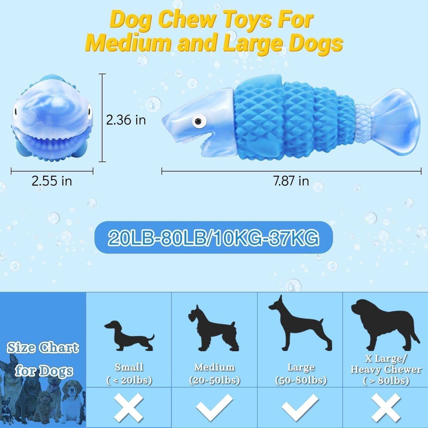 Blue textured dog squeaky chew toy shaped like a fish, designed for medium to large aggressive chewers, measuring 7.87 by 2.55 inches with durable, non-toxic materials.
