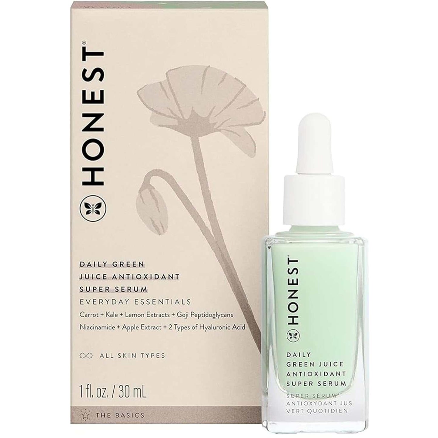 Cruelty-Free Antioxidant Super Serum with niacinamide and hyaluronic acid in a 1 fl oz bottle, suitable for all skin types.