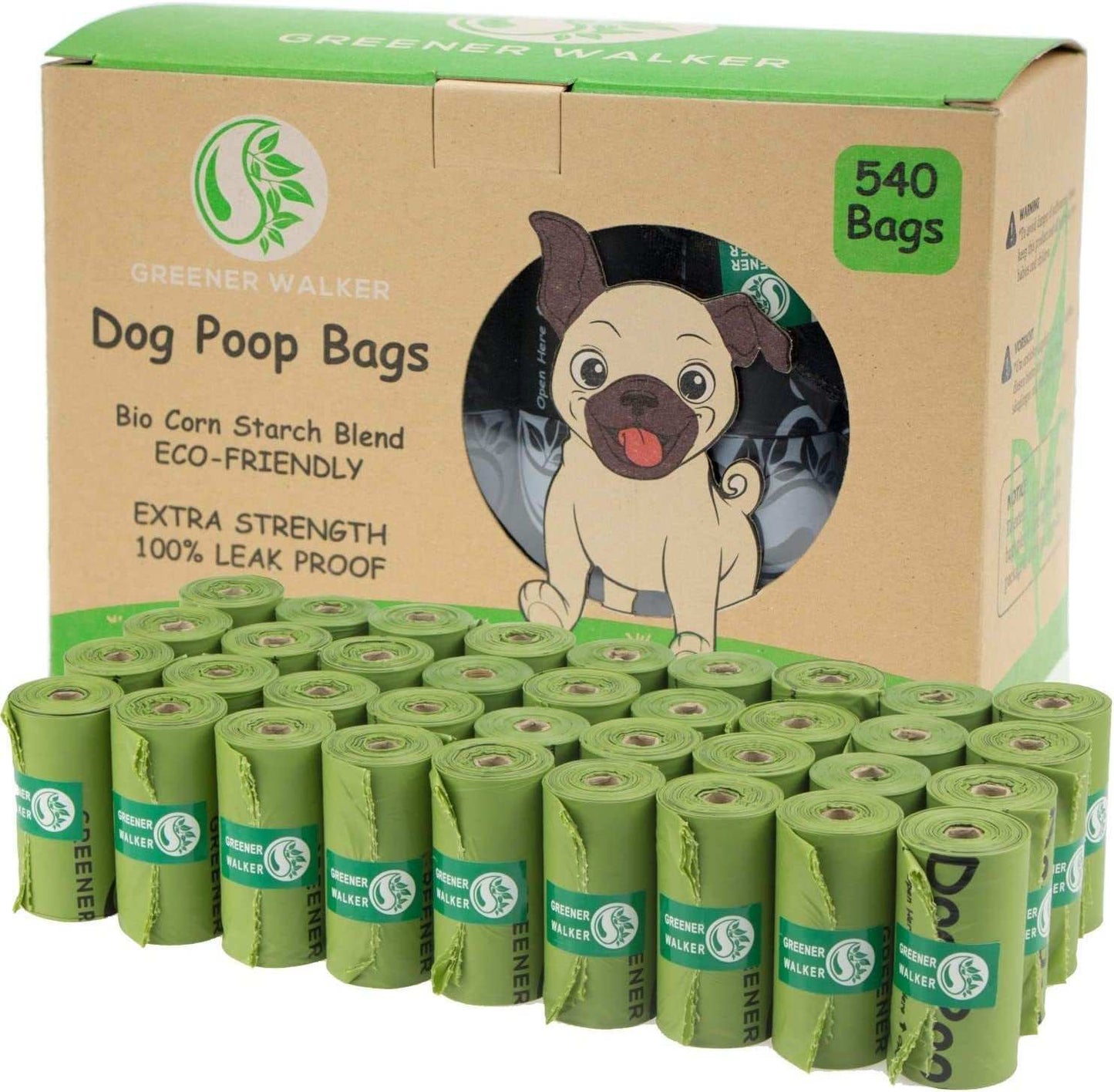 Eco-friendly dog poop bags in green rolls with extra strength and leak-proof design, packaged in a cardboard box with dog illustration and 540 bags label