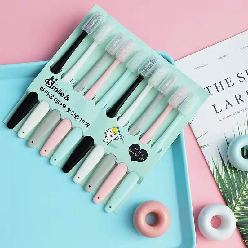 10PCS Eco-Friendly Bamboo Charcoal Toothbrush Set with natural bamboo handles and antibacterial bristles.