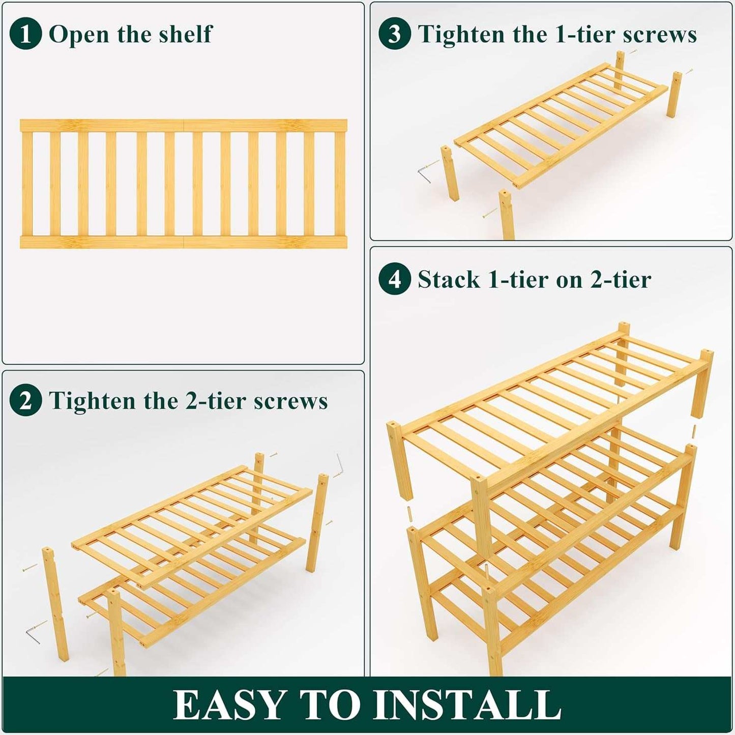 Easy installation of stylish three-tier bamboo shoe rack.