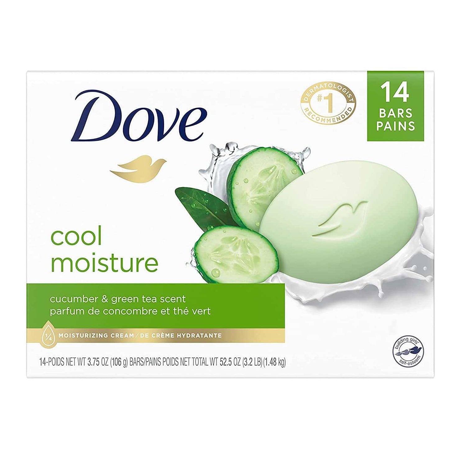Dove Cool Moisture beauty bar with cucumber and green tea scent for ultra-moisturizing skin care, 14 bars pack