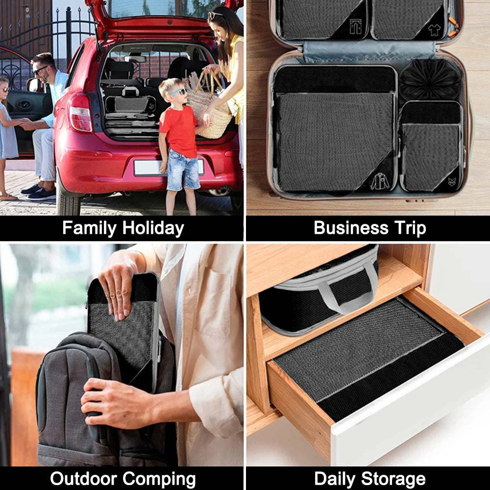Travel organizer set for family holiday, business trip, camping, and daily storage.