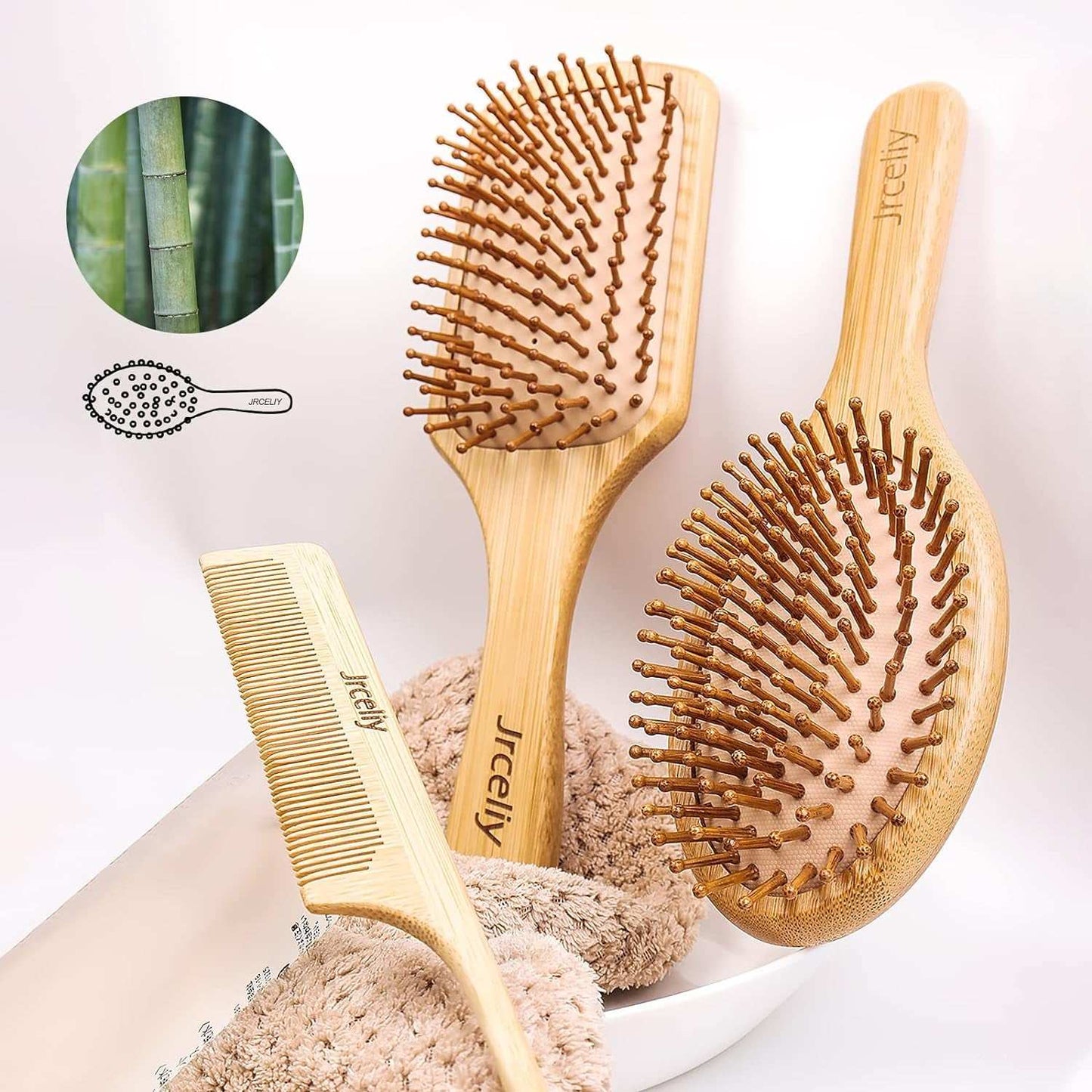 Eco-friendly bamboo hair brush set with paddle, detangling, and styling brushes; anti-static bristles reduce frizz and promote hair health.