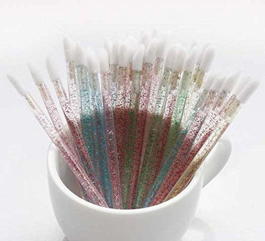 Disposable Crystal Lip Brush Set in a cup, featuring transparent crystal rod handles with colorful bristles, ideal for precise lipstick and lip gloss application.