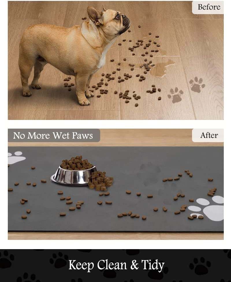 Pet feeding mat with absorbent quick-dry material and non-slip backing preventing spills and stains around dog food bowls.