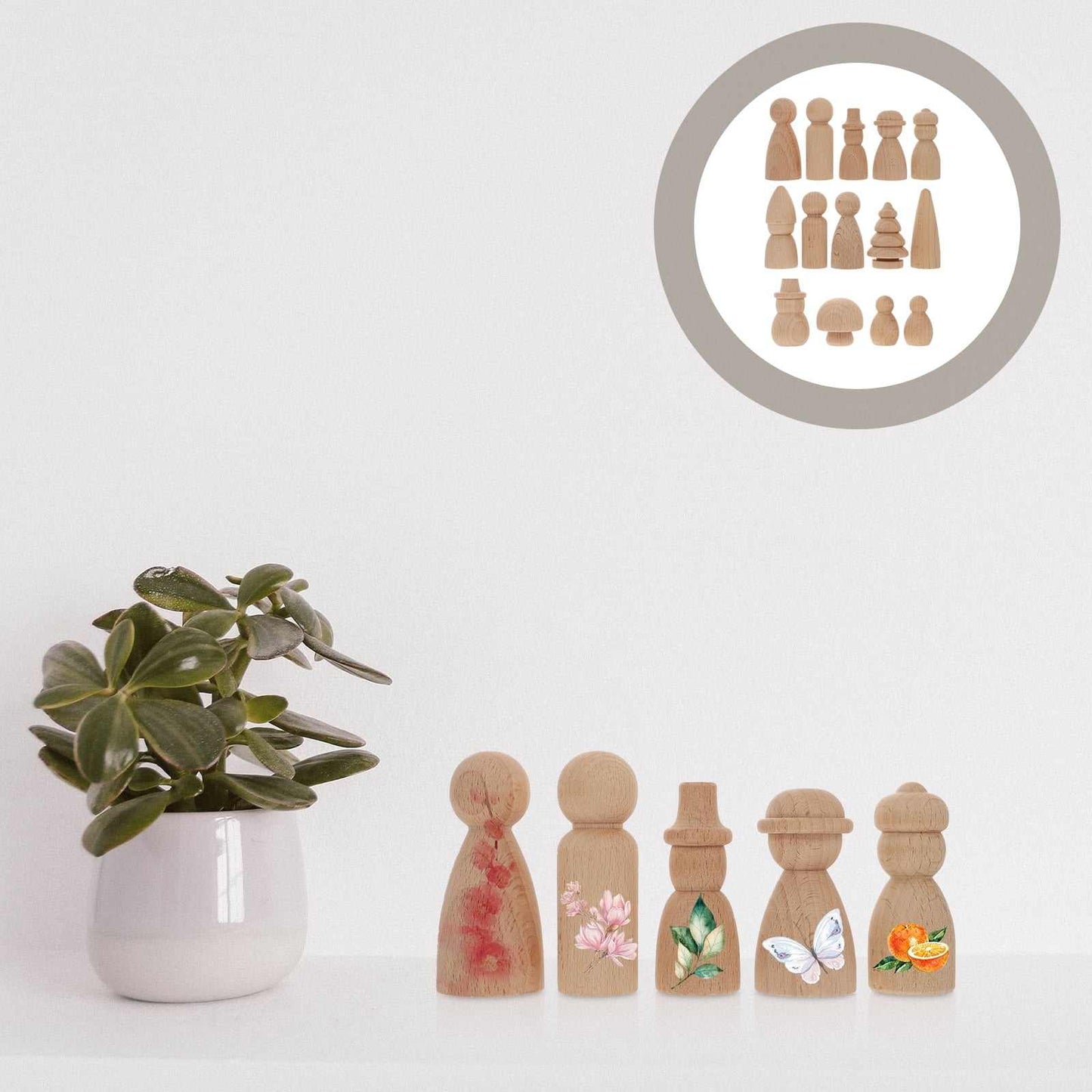Kids wooden painting decoration craft toy set with blank wooden peg dolls for creative DIY projects.