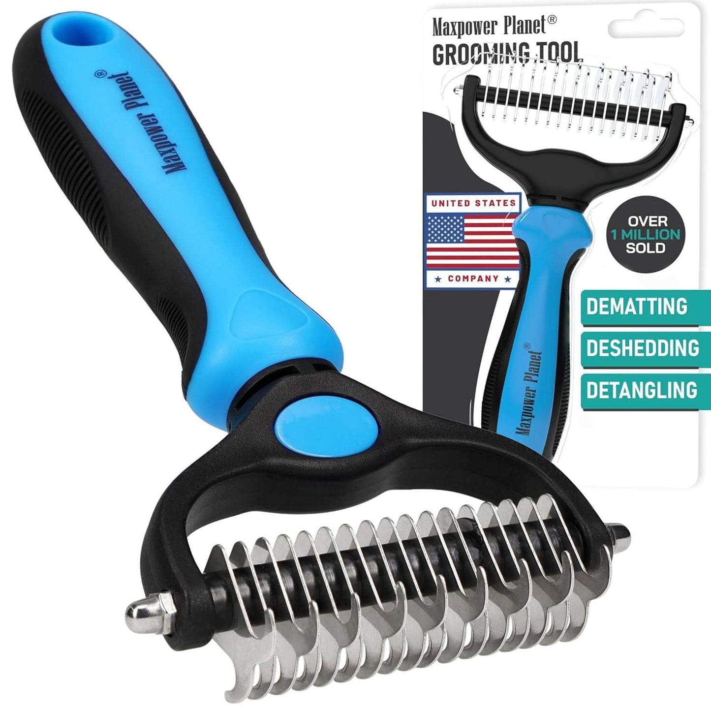 Double-Sided Pet Grooming Rake with ergonomic handle and stainless steel teeth for deshedding, dematting, and detangling long-haired dogs and cats.