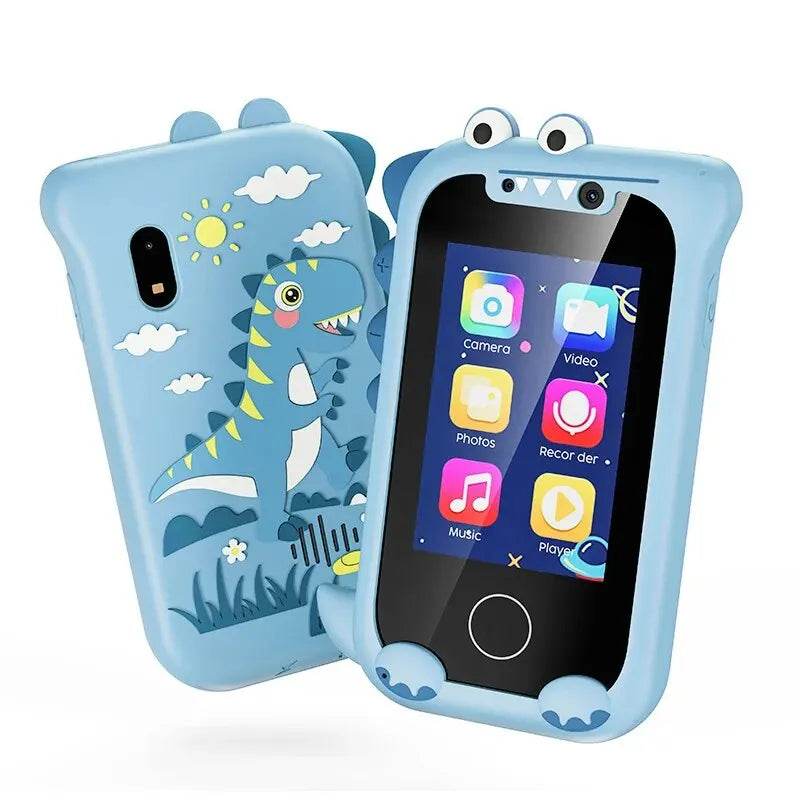 Kids smart phone educational toy with touchscreen, dual cameras, and music player, featuring fun dinosaur design.