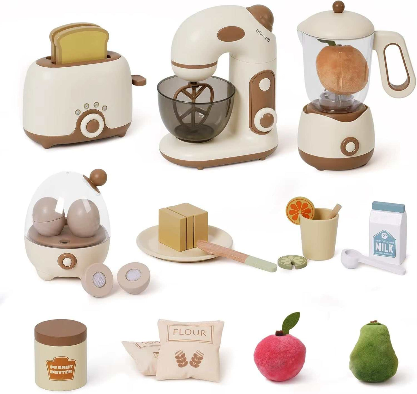 Kids Toaster Mixer Blender Playset Toy with wooden kitchen appliances including toaster, mixer, blender, and accessories designed for interactive pretend play.
