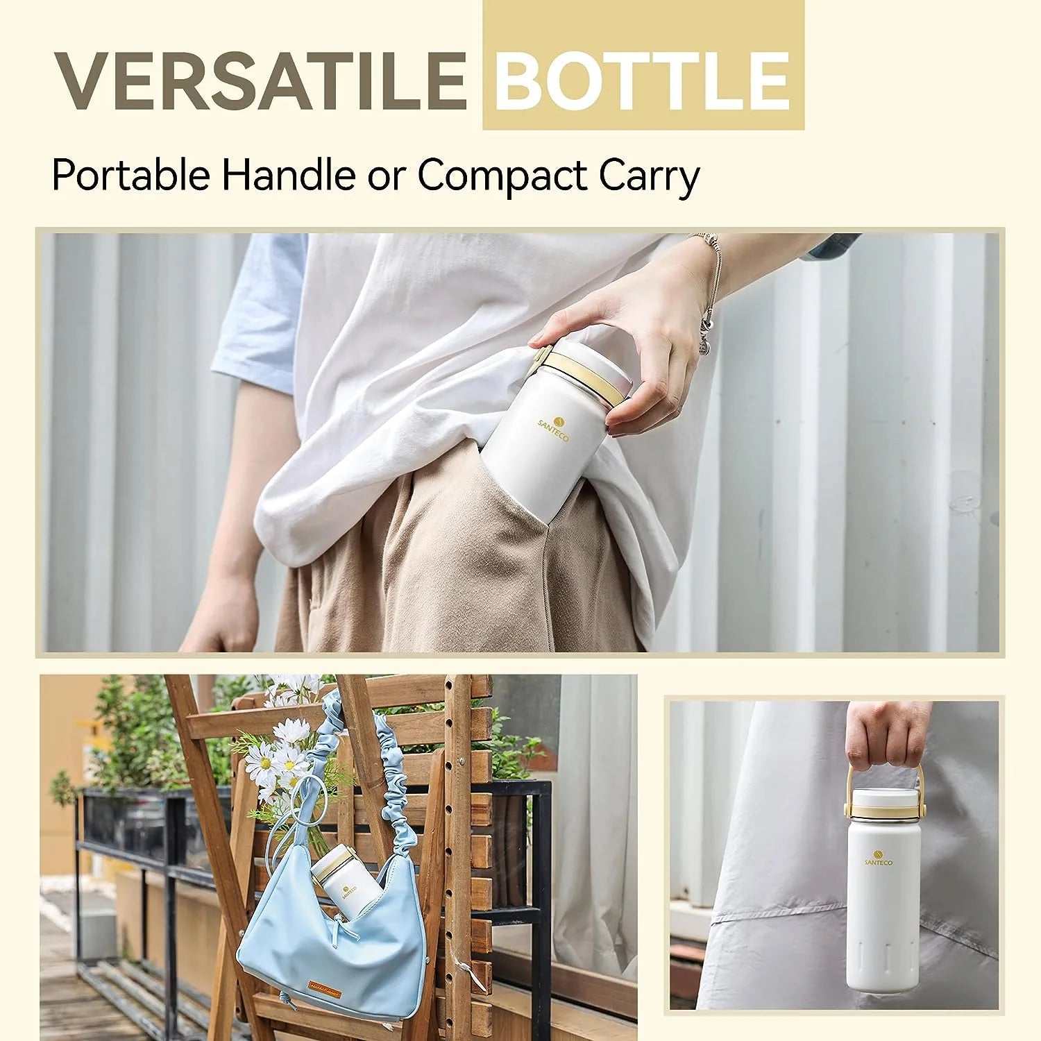 Santeco Water Bottle with handle, compact and portable for versatile use.