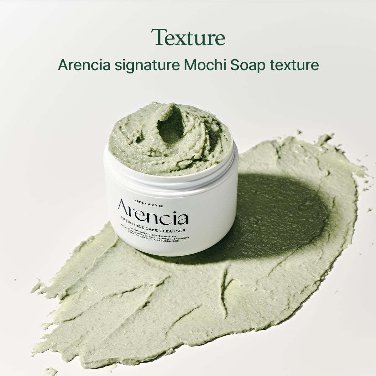 Jar of Arencia deep cleansing face cleanser with thick mochi soap texture spread on surface