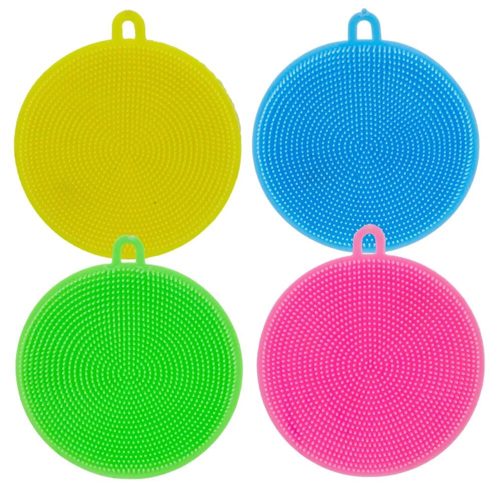 Eco-friendly silicone sponge scrubbers in assorted colors for hygienic cleaning.