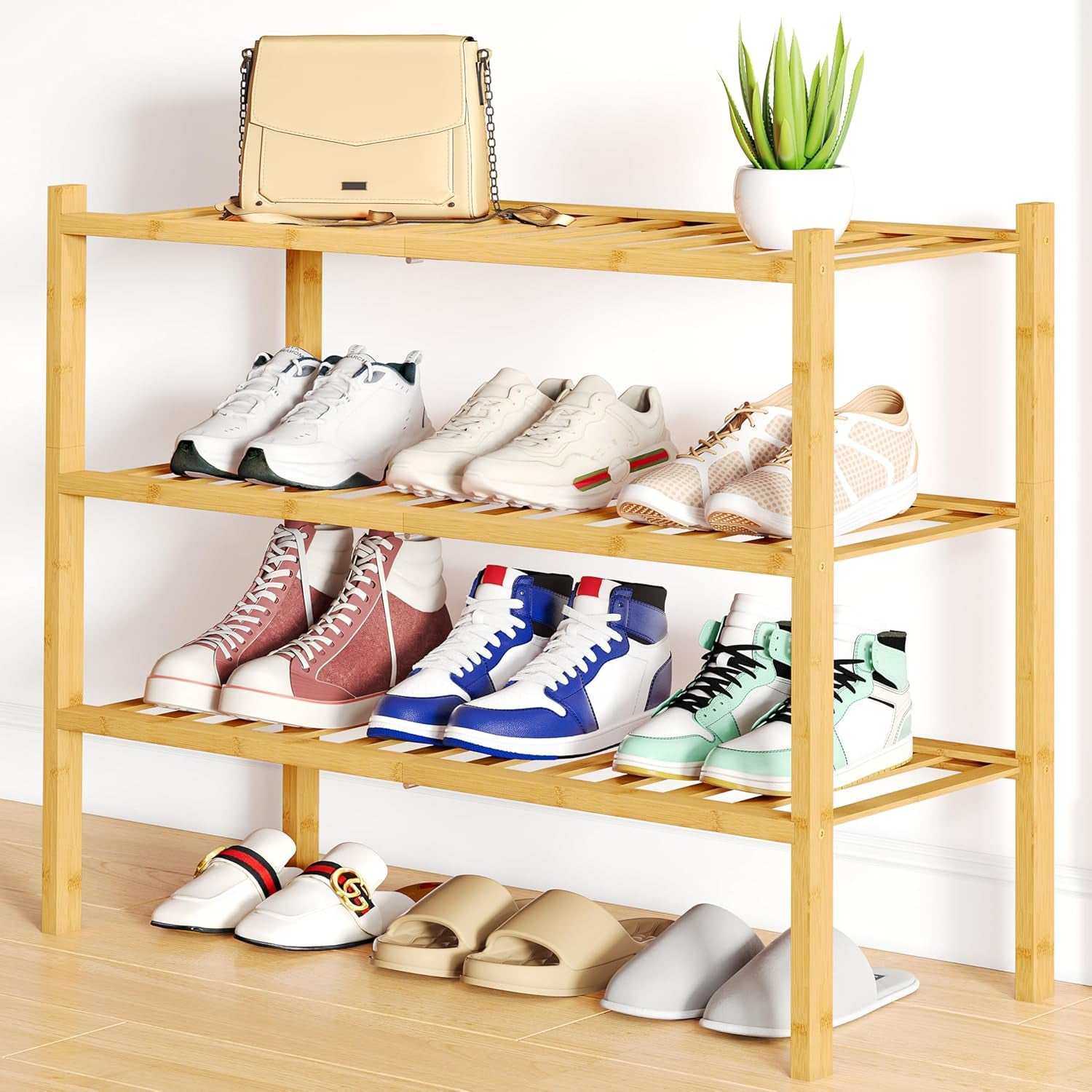 Stylish three-tier bamboo shoe rack with multiple shoes and bags in entryway.