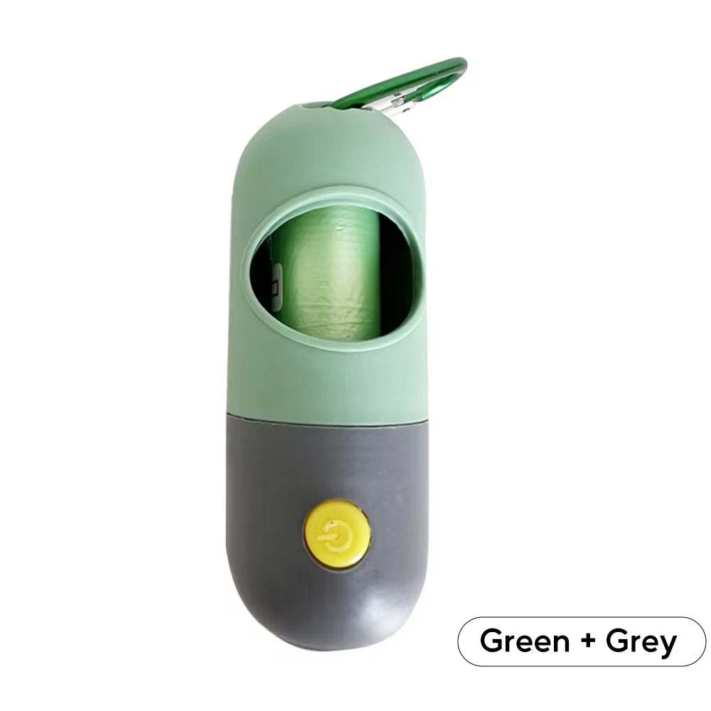 Portable green and grey dog poop bag dispenser with built-in LED light and eco-friendly bags