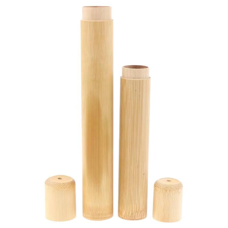 Portable travel bamboo toothbrush tube, eco-friendly and handmade, available in two sizes.