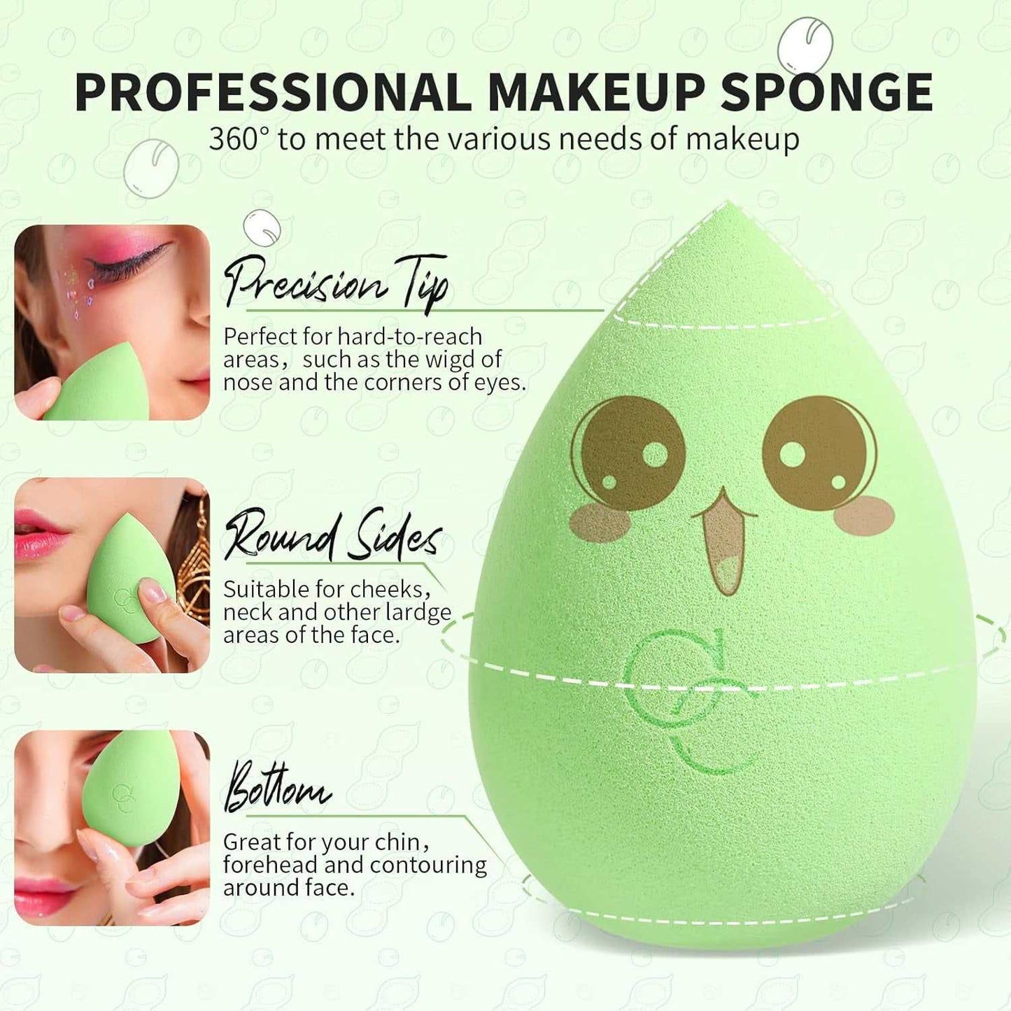 Neon green makeup brush and pea pod sponge set for vibrant looks and flawless application.