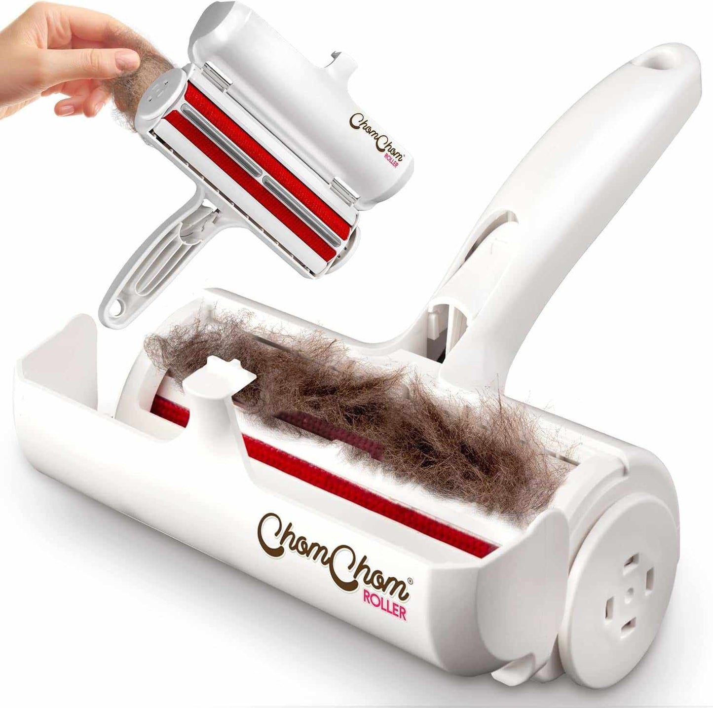 Chom Chom Roller reusable pet hair remover tool with ergonomic handle for furniture and clothing cleaning