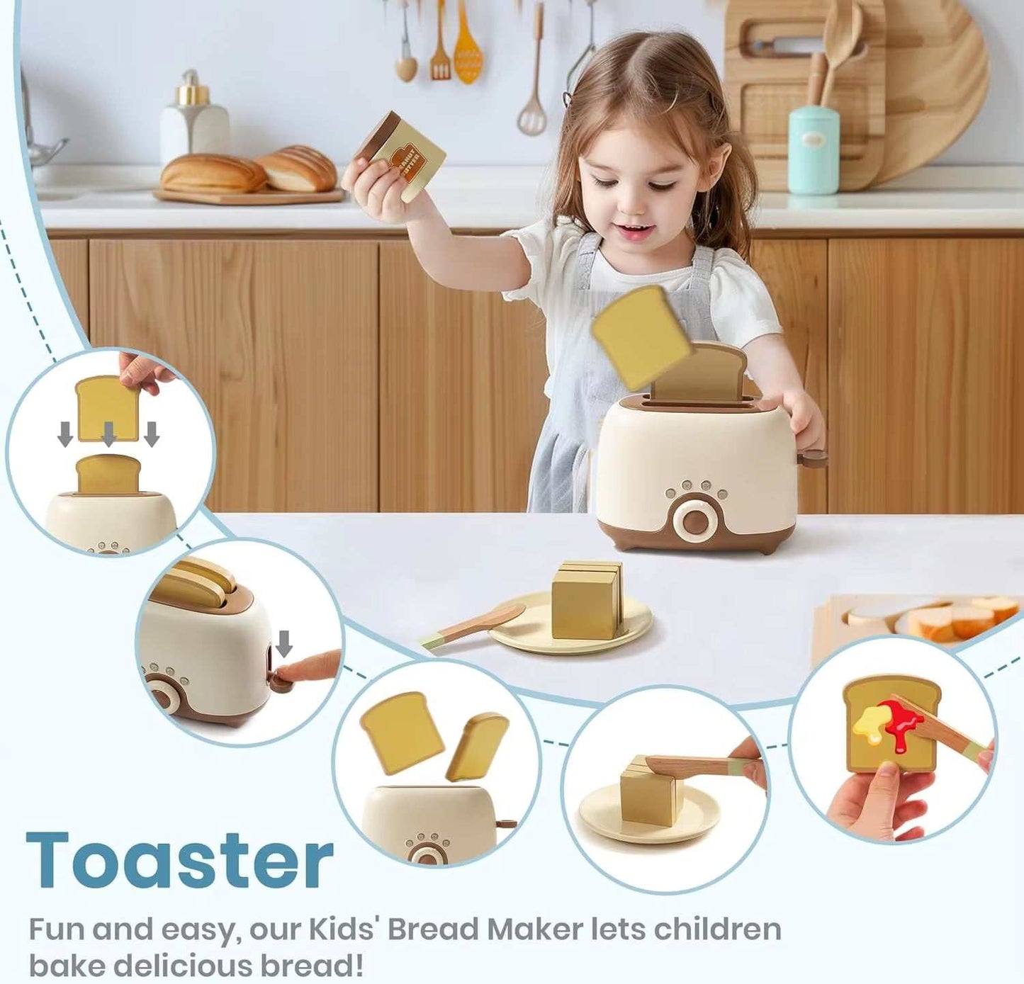 Kids toaster mixer blender playset toy with interactive wooden kitchen appliances for pretend play.