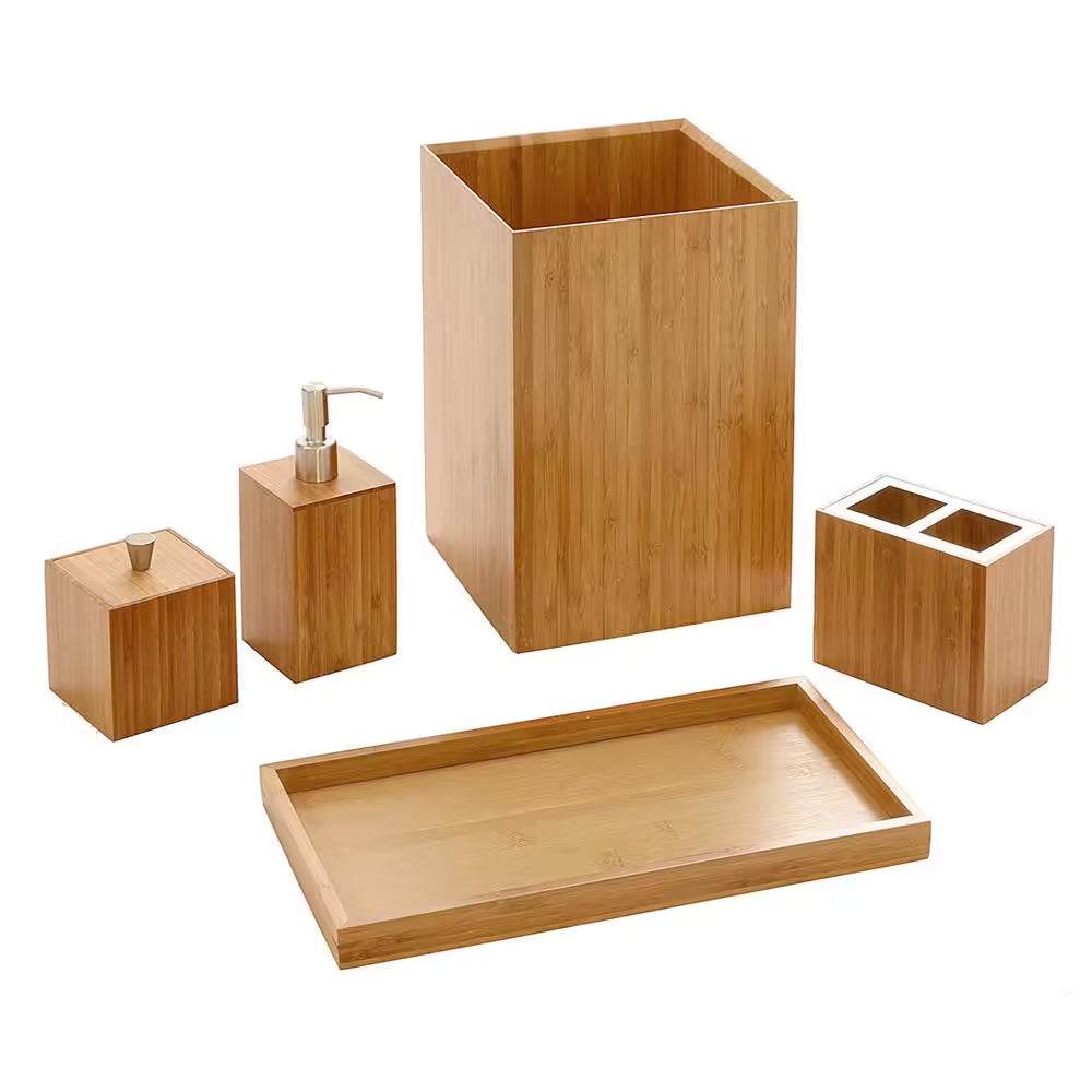 Bamboo Waste Basket 5-piece set with wastebasket, pump dispenser, toothbrush holder, cotton swab container, and towel holder.