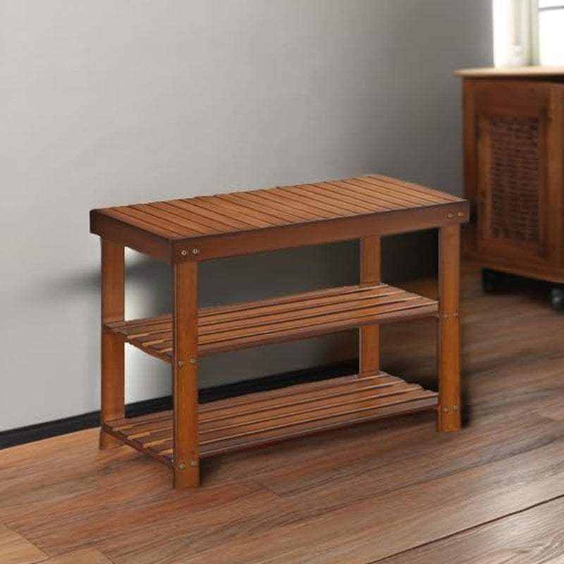 Stylish three-tier bamboo shoe rack bench with natural finish, suitable for entryway or bedroom.