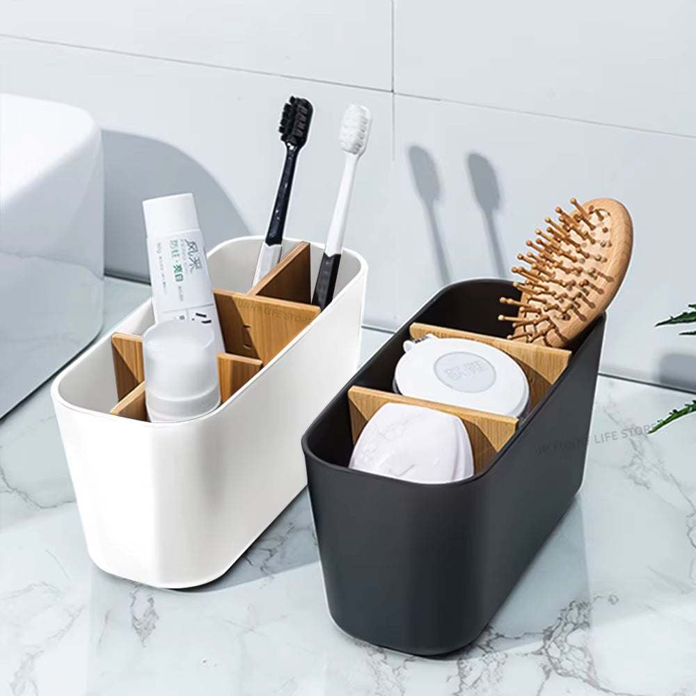 Compact bamboo toothbrush and razor holder mug for bathroom organization, eco-friendly and space-saving design