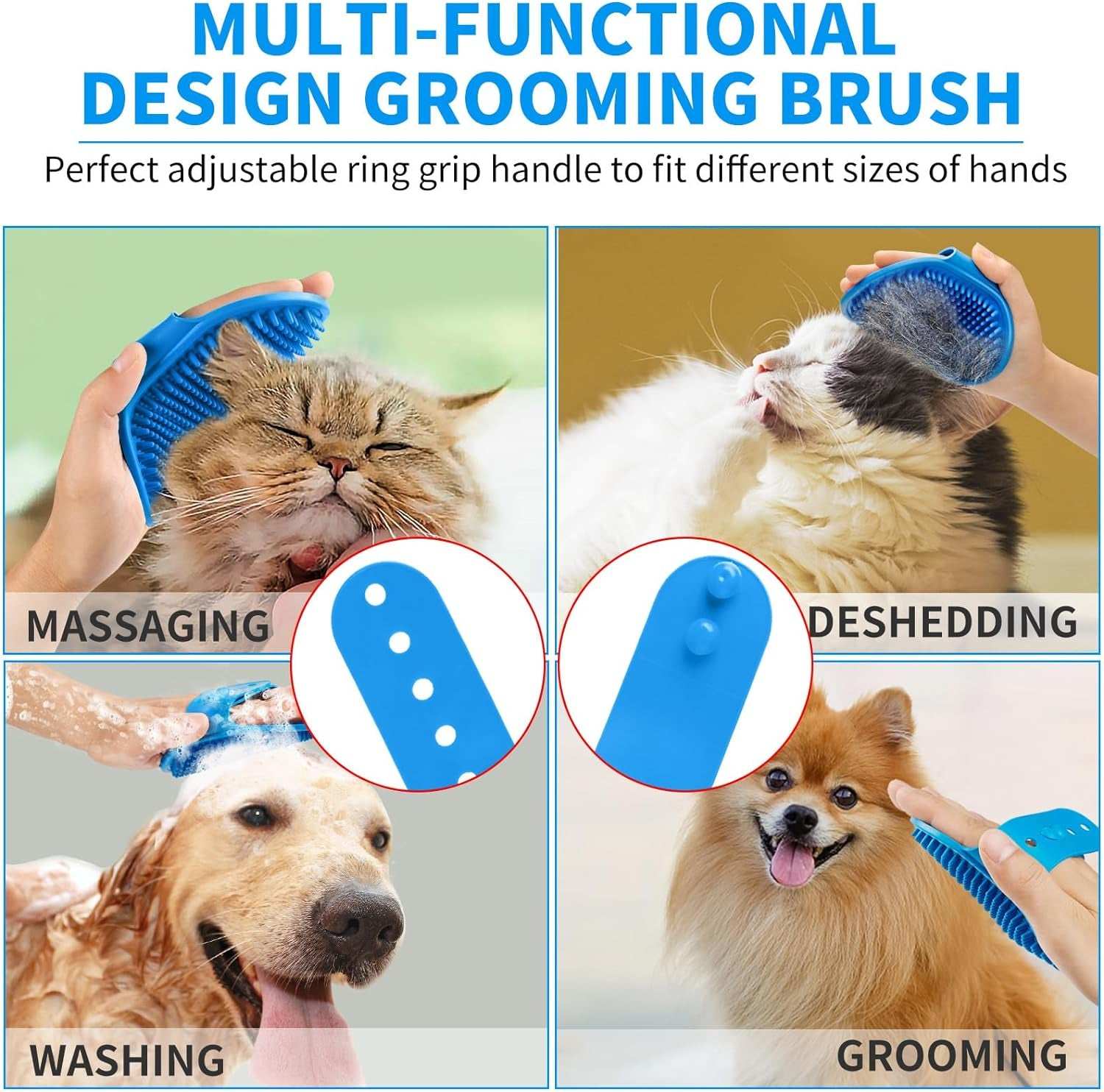 Blue dog bath brush with adjustable ring handle for massaging, deshedding, washing, and grooming pets