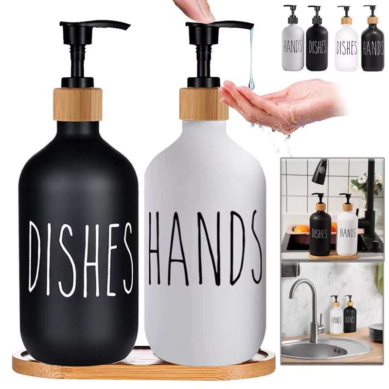 500ML soap dispenser pump set for dishes and hands with bamboo top and black and white bottles on wooden tray