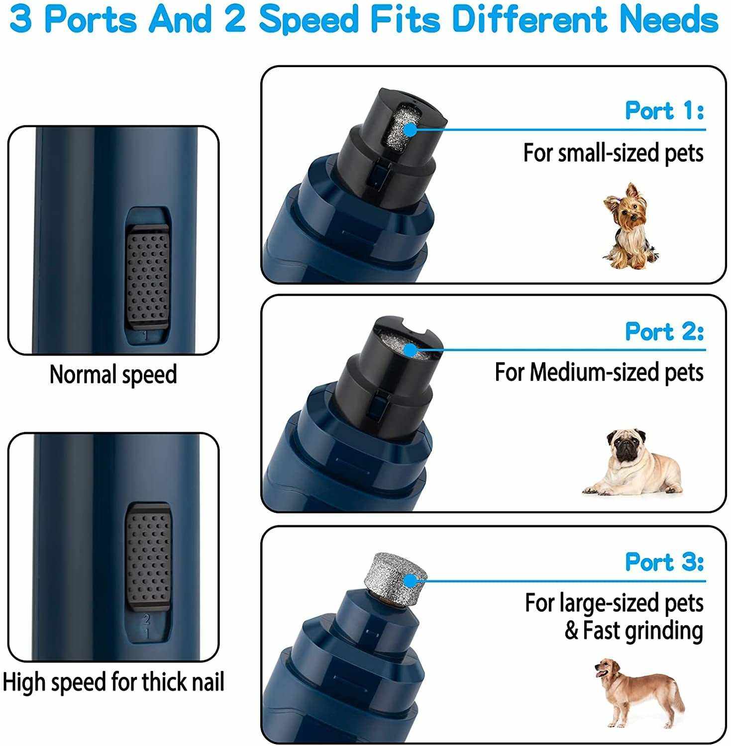 Dog Professional Nail Grinder with 3 ports for different pet sizes and 2-speed settings for precise and painless nail grooming.