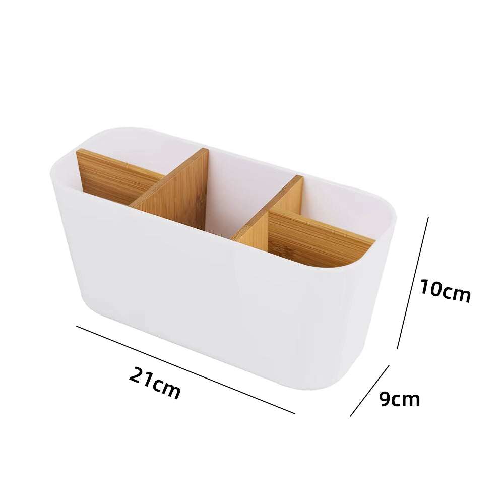 bamboo toothbrush holder organizer with compartments for razors and brushes, compact bathroom countertop accessory