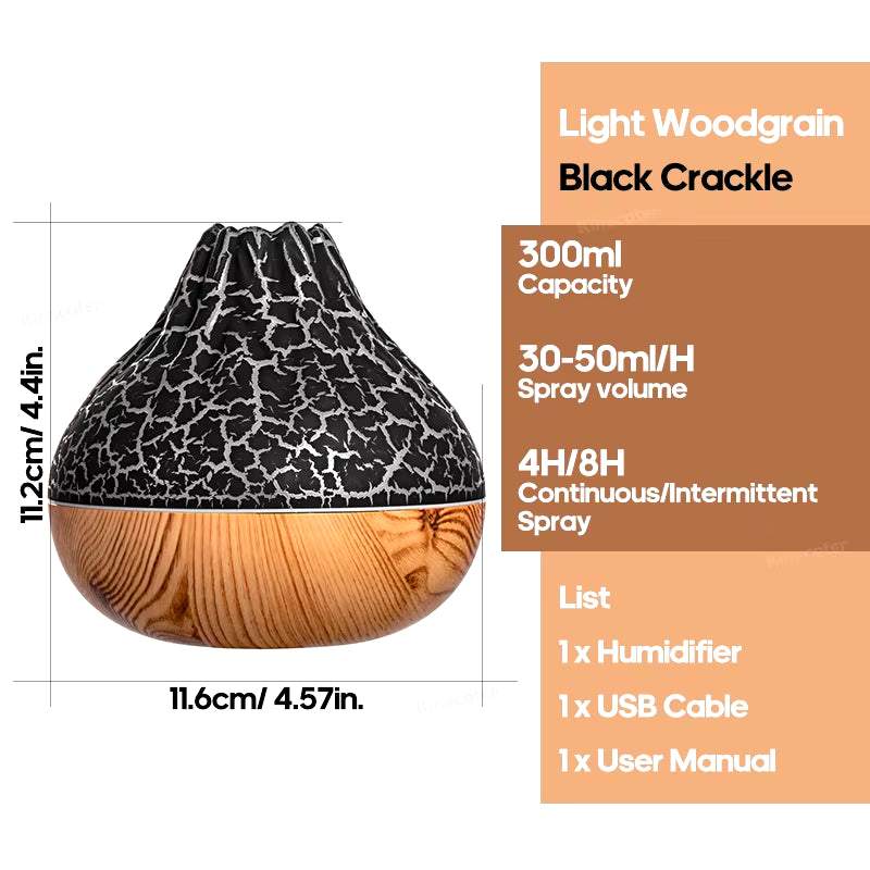 Compact desktop electric USB air humidifier with 300ml capacity, 7-color night light, and whisper-quiet operation in light woodgrain and black crackle design
