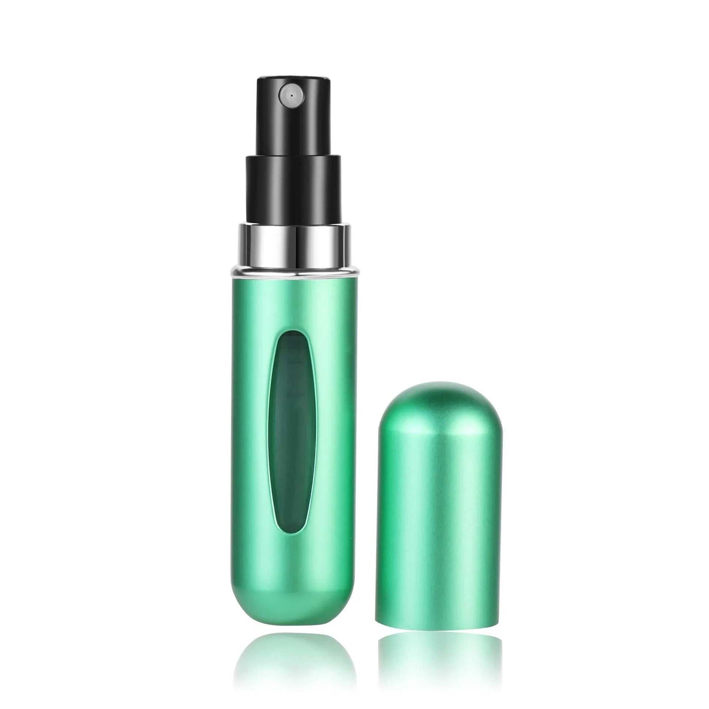 Portable 5ml refillable perfume spray bottle in metallic green with cap, travel-friendly and leak-proof design