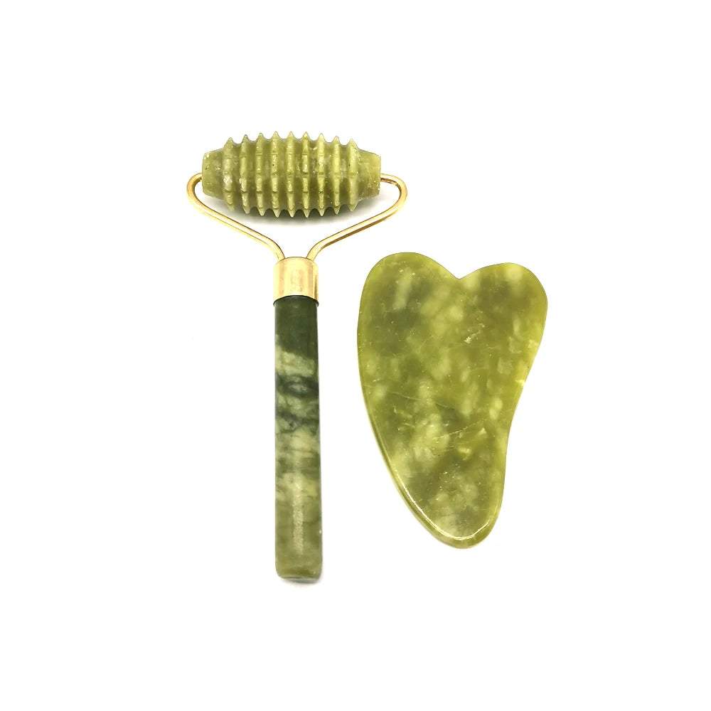 Natural Jade Face Roller and Gua Sha Set for facial massage and skincare.