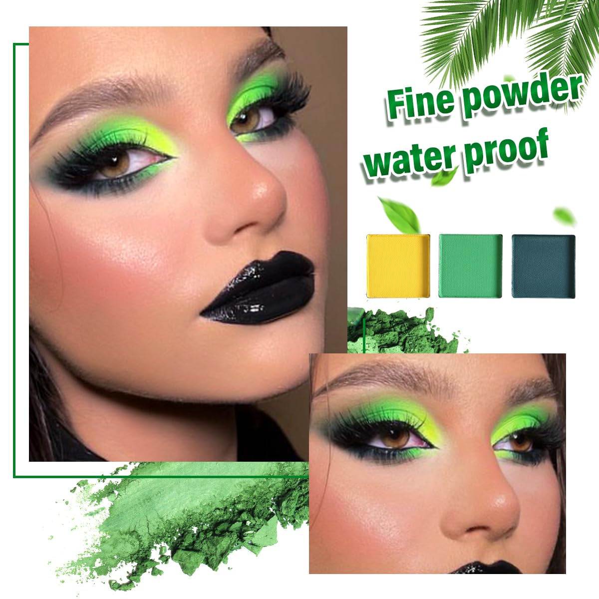 Emerald green eyeshadow palette with 25 versatile shades, featuring matte, shimmer, and glitter finishes for bold, creative looks.
